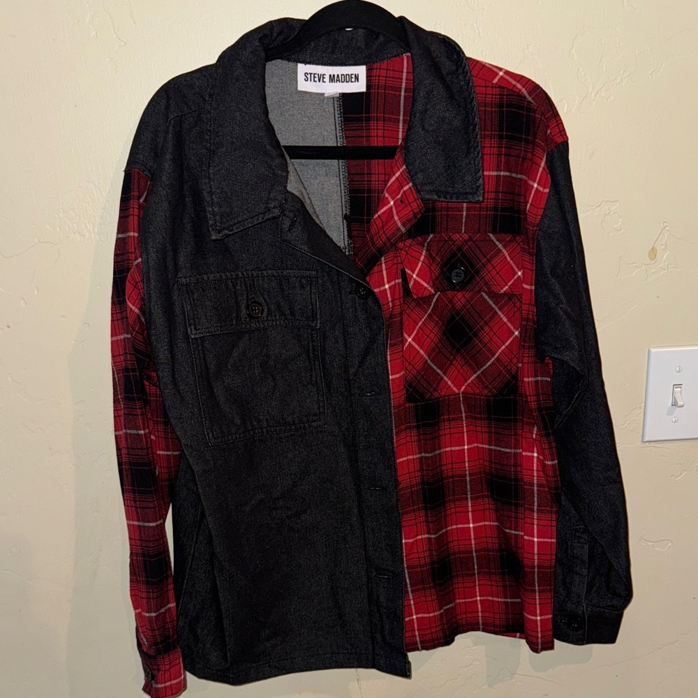 Steve Madden Red and Black Plaid Shirt Jacket